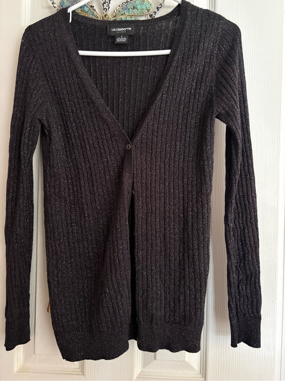 Liz Claiborne Black Sparkle Ribbed V-Neck Cardigan